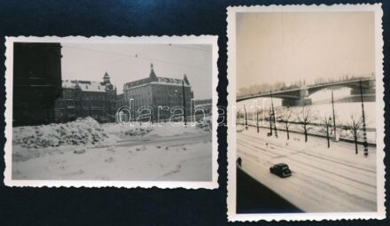 1940 Budapest, 2 db fotó a budai Margit rakpart és a Margit híd budai hídfőjénél lévő Przemysl-emlékműről, hátoldalon feliratozva, szép állapotban, 6×8,5 cm