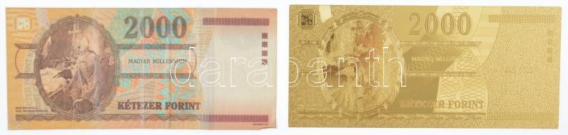 2000. 2000Ft 'Millennium' díszcsomagolás nélkül, laminálva, többször hajtott, bal és jobb alsó sarkán sérült, de alacsony sorszámú bankjegy 'MM 0000319' + 2000. 2000Ft 'Millennium' aranyozott bankjegy replika T:III,I - Image 2