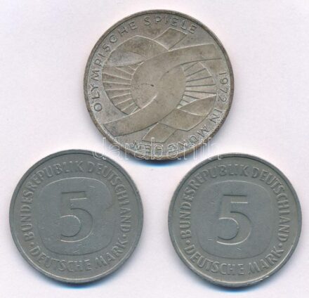 NSZK 1972D 10M Ag 'Olimpia-München / Csomó' forgalomba nem került emlékérme + 1978J 5M Ni + 1980D 5M Ni T:2,2- patina, ph FRG 1972D 10 Mark Ag 'Olymics Munich / Knot' non-circulating commemorative coin + 1978J 5 Mark Ni + 1980D 5 Mark Ni
