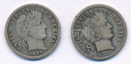 Amerikai Egyesült Államok 1907. 10c Ag 'Barber' + 1916. 10c Ag 'Barber' T:2-,3 patina USA 1907. 10 Cents Ag 'Barber' + 1916. 10 Cents Ag 'Barber' C:VF,F patina Krause KM#113