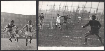 cca 1960-1970 Kuharszki Béla (1940-2016), az Újpesti Dózsa labdarúgója gólt lő a Dózsa-Bp. Honvéd mérkőzésen + Tichy Lajos (1935-1999), a Bp. Honvéd játékosának gólja a Csepel ellen, 2 db hátoldalán feliratozott sajtófotó,