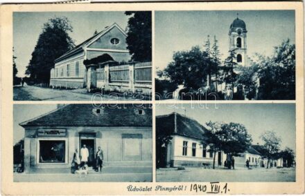 1940 Pinnye, Római katolikus templom, Fő utca, Hangya Szövetkezet üzlete. Csala fényképész (EK) + 'POSTAI ÜGYN.'