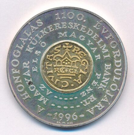 Lebó Ferenc (1960-) 1996. 'MKB - Honfoglalás 1100. évfordulójára - Első magyar pénzérme / Hungarian Foreign Trade Bank Ltd. - Hungarian Conquest 1100th Anniversary - First Hungarian Coin' kétoldalas jelzett Ag emlékérem