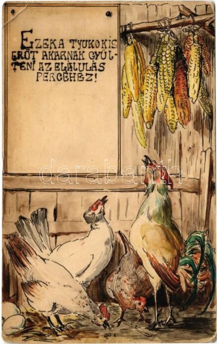 Ezek a tyúkok is erőt akarnak gyűjteni az elájulás percéhez! Kézzel rajzolt és festett üdvözlőlap / Hungarian hand-drawn and hand-painted art postcard (EK)