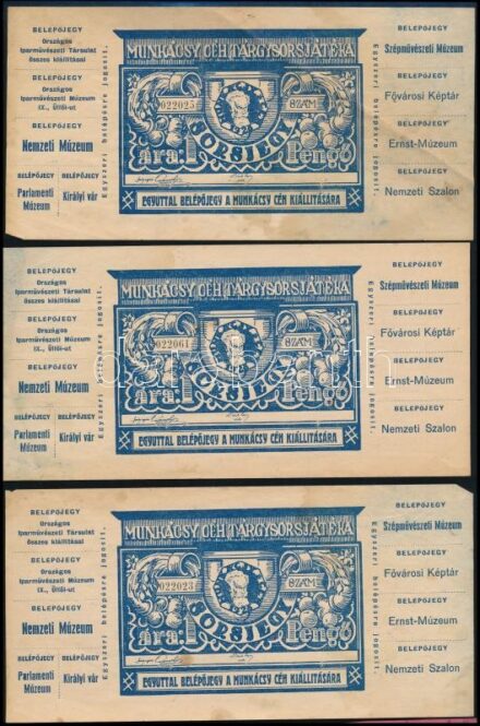 cca 1936 Munkácsy Céh tárgysorsjátéka, 3 db sorsjegy, egyben belépőjegy a Munkácsy Céh kiállítására és további múzeumokba