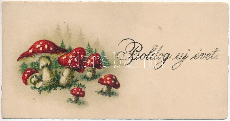 Boldog Újévet! / New Year greeting mini card with mushrooms (11,4 cm x 6 cm) (non PC) (fa)