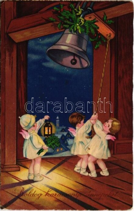Boldog karácsonyi ünnepeket! / Christmas greeting art postcard, angels ringing the bell. Amag 2702. (fl)