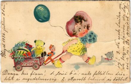 1936 Children art postcard, girl with teddy bear and toys. 'ERIKA' Nr. 1070. (fa)