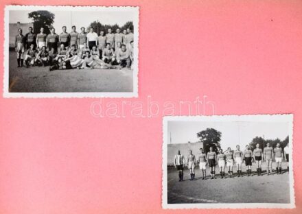 cca 1933-1942 Régi fotóalbum sok beragasztott képpel: villamosvezetők, 10-es villamos, Beszkárt bál, sok katonafotó (pl. M. kir. 53. beszerzőosztag), strandolók, folyópart, folyami hajó, futballcsapat, stb., vegyes méretű fotókkal