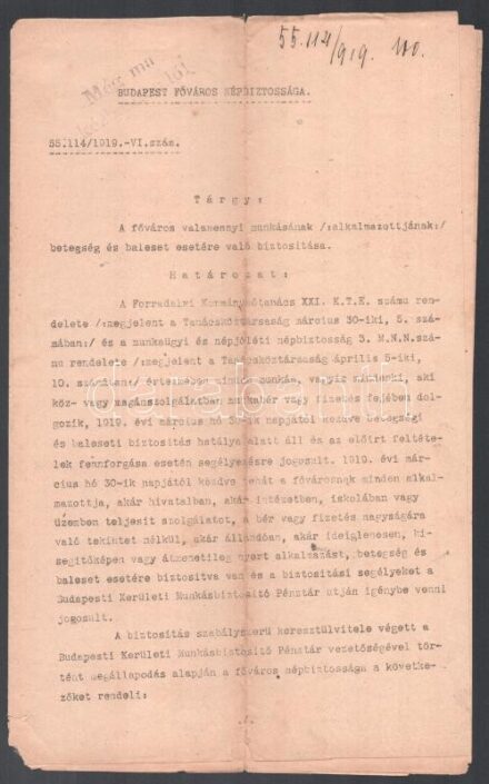 1919. ápr. 14. Bp., a Magyar Tanácsköztársaság Forradalmi Kormányzótanácsának és Budapest Főváros Népbiztosságának határozata a főváros munkásainak betegség és baleset esetére való biztosításáról, 8 p., hajtva, kis