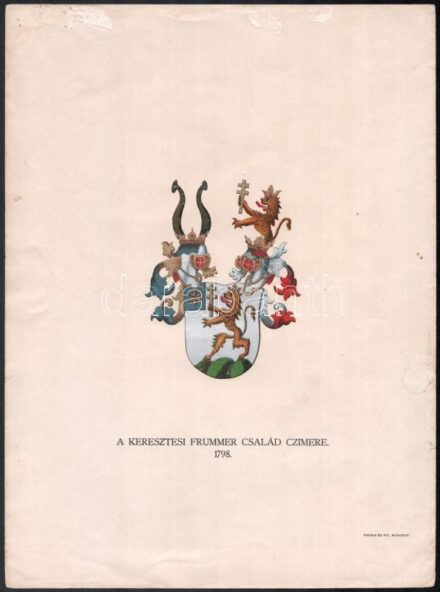 cca 1900 A keresztesi Frummer család címere. Litográfia, papír. Bp., Posner és Fia. Kisebb lapszéli szakadással, ragasztónyomokkal, lapméret: 33x24,5 cm