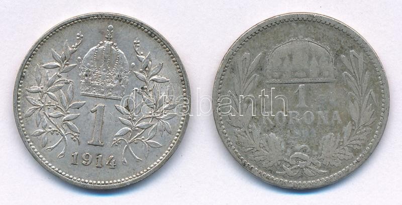 1893KB 1K Ag 'Ferenc József' + Ausztria 1914. 1K Ag 'Ferenc József' T:2-3 patina Hungary 1893KB 1 Corona Ag 'Franz Joseph' + Austria 1914. 1 Corona Ag 'Franz Joseph' C:XF-F patina - Image 2