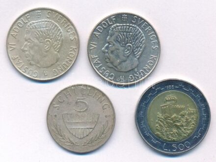 4db vegyes külföldi, nagyrészt ezüst érmetétel, közte Svédország 1963. 1Kr Ag 'VI. Gusztáv Adolf' T:2,2- patina 4pcs of mixed foreign, mostly silver coin lot, in it Sweden 1963. 1 Krona Ag 'Gustav Adolf VI' C:XF,VF patina
