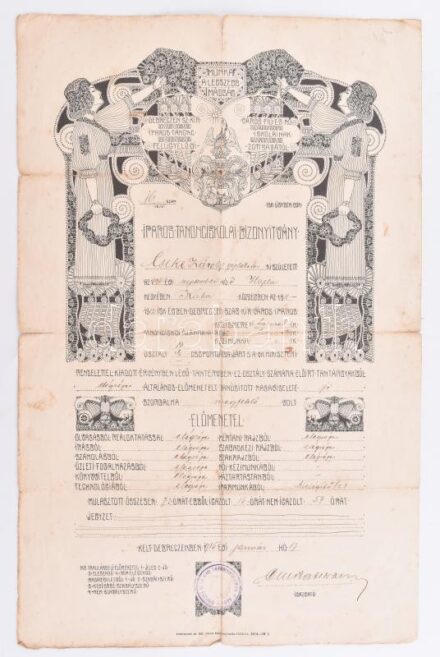 1915 Debrecen, iparostanonciskolai bizonyítvány géplakatos számára, szecessziós grafikával, szakadásokkal, hajtott