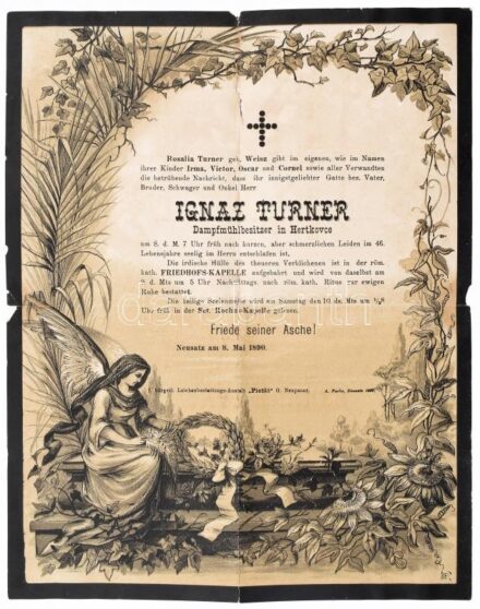 1890 Hertkovcei malom tulajdonos halotti értesítője