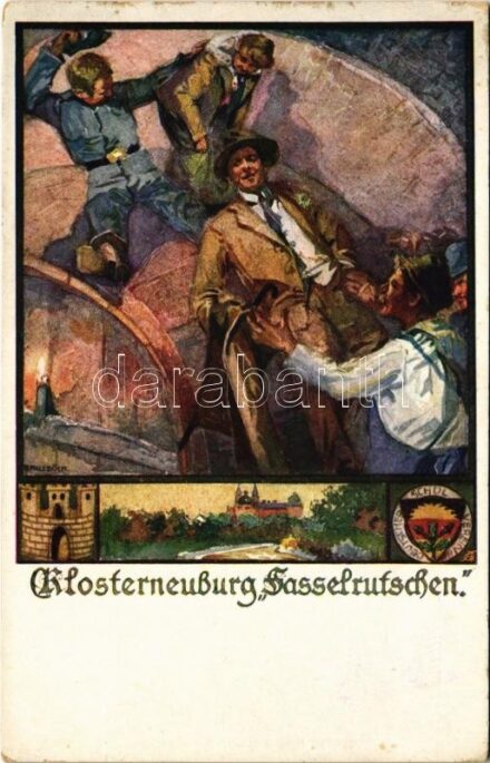Klosterneuburg, Fasslrutschen / Austrian folklore art postcard. Deutscher Schulverein Karte Nr. 446. s: Fallböck (EK)