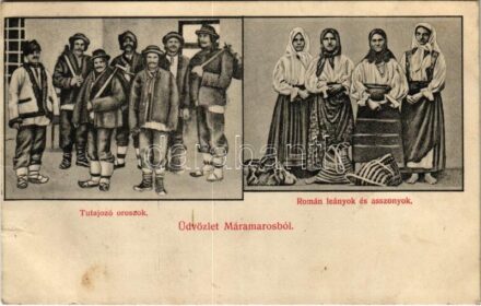 1910 Máramaros, Maramures; tutajozó oroszok, román leányok és asszonyok. Kaufmann Ábr. és fiai kiadása / Russian rafters, Romanian women and girls, folklore (gyűrődések / creases)