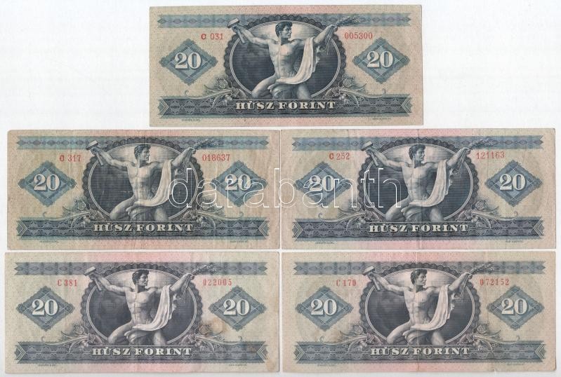 1962-1980. 20Ft (5xklf) + 1983-1989. 50Ft (2xklf) + 1949. 100Ft (2x) T:III,III- közte folt, ceruzás firka, kis szakadás - Image 2