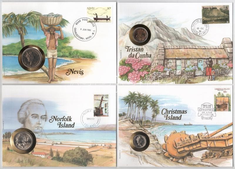 12db-os érmés boríték tétel a Nemzetközösség államaiból, mind különféle és német nyelvű tájékoztatóval, benne: Nevis, Norfolk-sziget, Tristan da Cunha, Karácsony-szigetek, Grenada, Montserrat, St. Lucia, St. Kitts, Antigua,