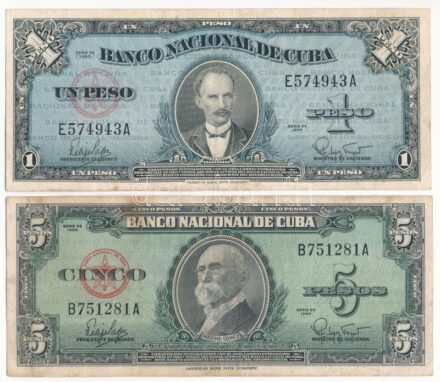Kuba 1960. 1P 'E 574943 A' + 5P 'B 751281 A' T:III folt Cuba 1960. 1 Peso 'E 574943 A' + 5 Pesos 'B 751281 A' C:F spotted Krause P#77, #92