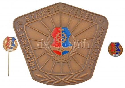 ~1970-1980. 'Eredményes Szakszervezeti Munkáért 1877-1903 (Vasas Szakszervezet)' zománcbetétes Br plakett eredeti tokban (79x91mm) + 'Vasas Szakszervezet' zománcozott jelvény (2db) T:1-,2 ph.