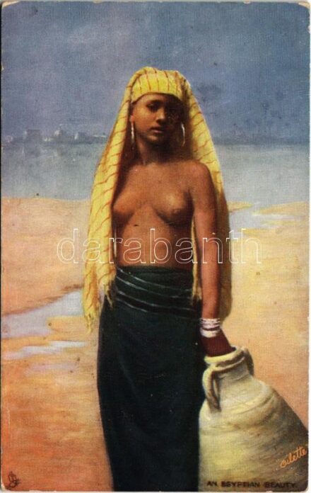 An Egyptian Beauty / half-naked Egyptian woman. Raphael Tuck & Sons' 'Oilette' Postcard 7200. 'Egypt - The Sphinx' (fa)