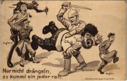 1917 Nur nicht drängeln es kommt ein jeder ran / Első világháborús antant hatalmak ellenes gúnyos propaganda, német katona elveri az antant hatalmak katonáit / WWI German anti-Entente Powers military mocking propaganda. Wilh. Schröder No.