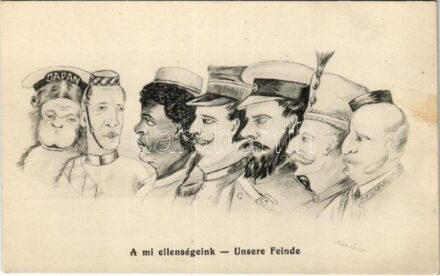 A mi ellenségeink. Első világháborús antant hatalmak ellenes gúnyos propaganda. Kertész A. 7004. / Unsere Feinde / WWI Hungarian anti-Entente Powers military mocking propaganda