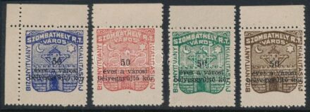 Szombathely városi illetékbélyegek 4 klf színben, '50 éves a városi bélyeggyűjtő kör' felülnyomattal