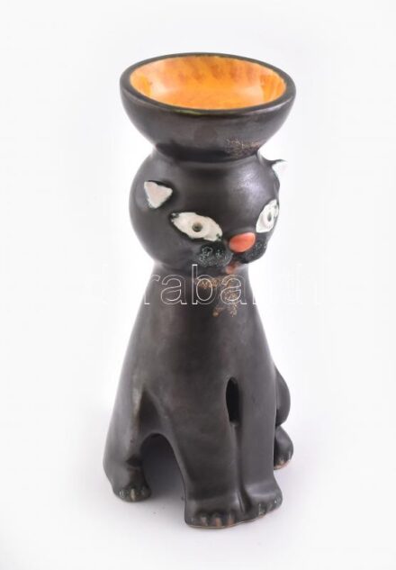 Mázas kerámia macska figura, gyertyatartó. Jelzés nélkül, kis lepattanással, m: 24 cm