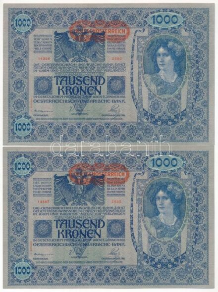 Ausztria 1919. (1902) 1000K (2x) 2. kiadás, sorszámkövetők '2690 14306-14307' vízszintes 'DEUTSCHÖSTERREICH' felülbélyegzéssel, mindkét oldal német, eltérő hátlappal T:I- pár apró folt Austria 1919. (1902) 1000 Kronen (2x) 2nd