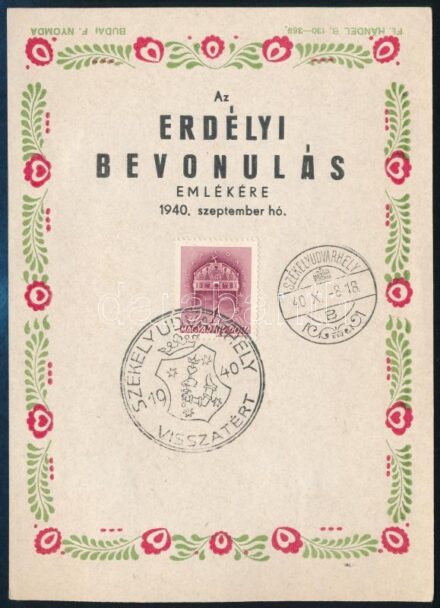 1940 Székelyudvarhely, Az erdélyi bevonulás emlékére kiadott emléklap bélyeggel
