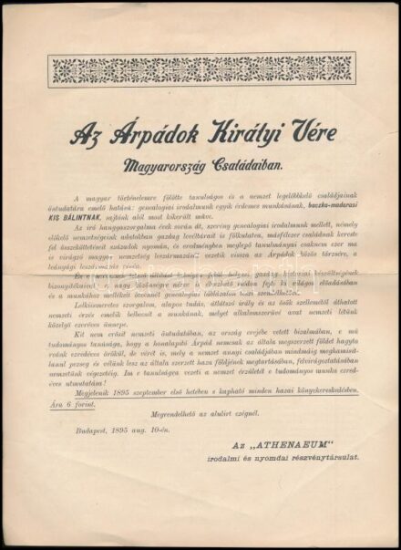 1895 Bp., 'Az Árpádok Királyi Vére Magyarország Családaiban' - Athenaeum ismertető