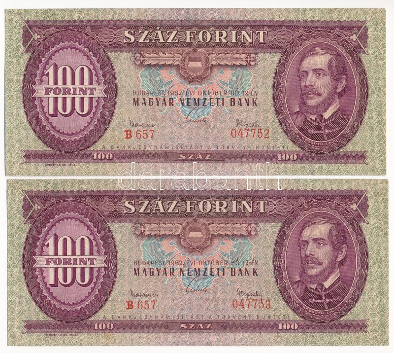 1962. 100Ft (2x) sorszámkövetők 'B 657 047752-047753' T:I-,II Adamo F31