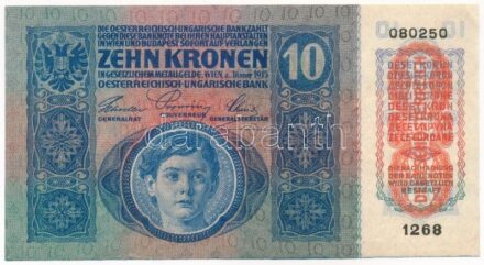 1915. 10K piros 'DEUTSCHÖSTERREICH' felülbélyegzéssel, '1268 080250' T:I- Hungary 1915. 10 Korona with red 'DEUTSCHÖSTERREICH' overprint '1268 080250' C:AU Adamo K11