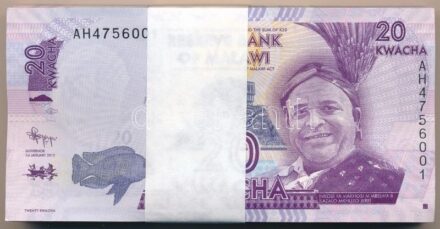 Malawi 2012. 20K (100x) kötegelővel, sorszámkövetők T:I,I- Malawi 2012. 20 Kwacha (100x) with wrapper, consecutive serials C:UNC,AU Krause P#57