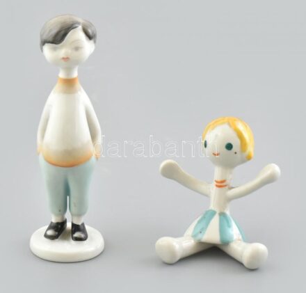 Hollóházi és Drasche porcelán figura, 2 db, kézzel festett, jelzett, kis kopásnyomokkal
