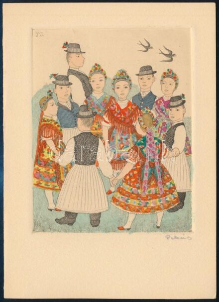 Pekáry István (1905-19819: Esküvő. Rézkarc, akvarell, papír. Jelzett. Levelezőlap 10x12 cm
