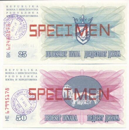 Bosznia-Hercegovina 1992. 25D 'SPECIMEN' felülnyomással, bélyegzővel és 'AA 00000000' sorszámmal + 50D 'SPECIMEN' felülnyomással, bélyegzővel és 'AA 00000000' sorszámmal T:I,I- Bosnia and Herzegovina 1992. 25 Dinara with 'SPECIMEN'