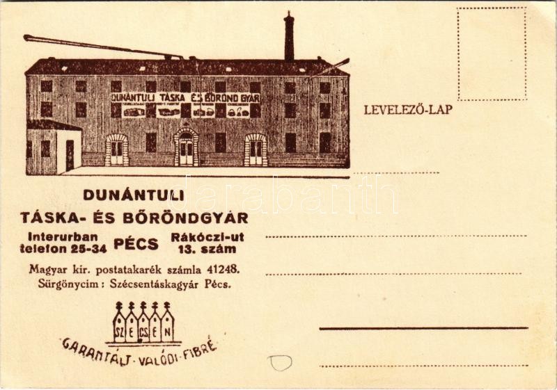 1932 Dunántúli Táska- és Bőröndgyár. Pécs, Rákóczi út 13. 'Garantált valódi fibré' / Hungarian bag and suitcase factory advertisement card (EK)