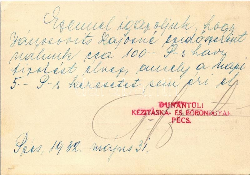 1932 Dunántúli Táska- és Bőröndgyár. Pécs, Rákóczi út 13. 'Garantált valódi fibré' / Hungarian bag and suitcase factory advertisement card (EK) - Image 2