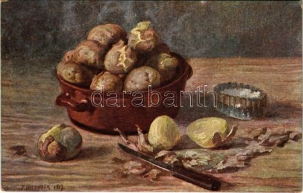 Still life art postcard with potatoes. 'Ferrmaltin Klöckler' Czech advertisement on the backside s: Holoubek