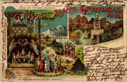 1899 (Vorläufer) Wien, Vienna, Bécs; Gruss von der Electr. Grottenbahn im Prater. Im k.k. Prater in unmittelbarer nähe der Rotunde-Südportal. Die Vergnügungssüchtigen Gnomen / Electric train in Prater amusement park, dwarves. Art Nouveau,