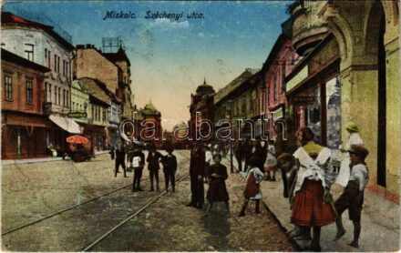 Miskolc, Széchenyi utca, villamos, üzletek (EK)