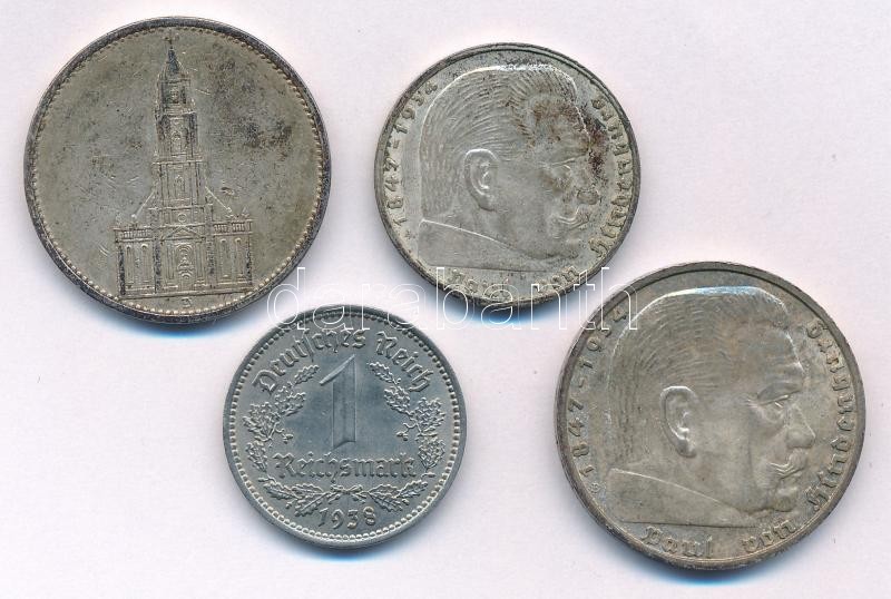 Német Harmadik Birodalom 1934D 5M Ag 'Garrison Templom, Potsdam' forgalmi emlékérme + 1937A 2M Ag 'Hindenburg' + 1938A 1M Ni + 1939B 5M Ag 'Hindenburg' T:1--2- patina, az egyiken kis ü. German Third Reich 1934D 5 Mark Ag 'Garrison Church,