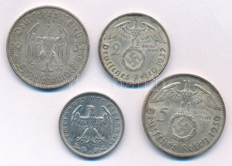 Német Harmadik Birodalom 1934D 5M Ag 'Garrison Templom, Potsdam' forgalmi emlékérme + 1937A 2M Ag 'Hindenburg' + 1938A 1M Ni + 1939B 5M Ag 'Hindenburg' T:1--2- patina, az egyiken kis ü. German Third Reich 1934D 5 Mark Ag 'Garrison Church, - Image 2