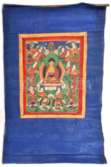 Antik keleti thangka, Gyógyító Buddha, kézzel festett, korának megfelelő állapotban. 67x45 cm