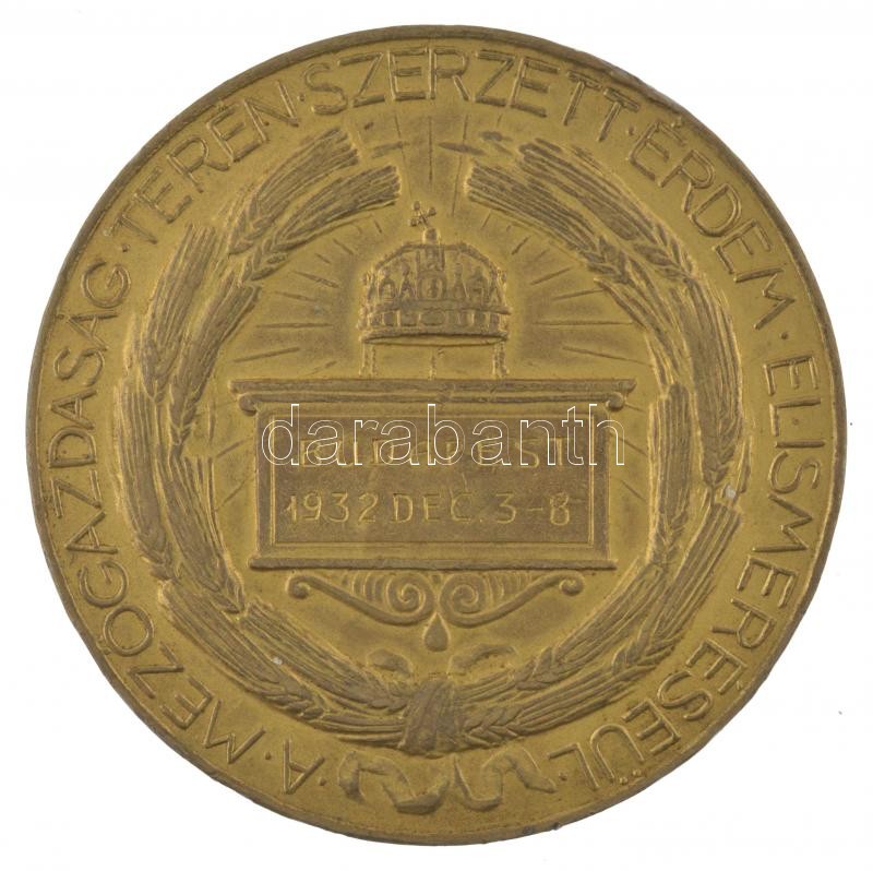 Berán Lajos (1882-1943) 1929. 'Magyar Királyi Földmívelésügyi Minister / A mezőgazdaság terén szerzett érdem elismeréséül' aranyozott bronz emlékérem, hátlapon 'BUDAPEST 1932 DEC 3-8' gravírozással (60mm) T:2- kopott - Image 2