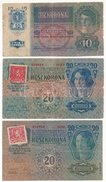 1913. 20K '1737 039021' csehszlovák 20h bélyeggel felülbélyegezve + 1913. 20K '1016 579737' csehszlovák 20h bélyeggel felülbélyegezve + 1915. 10K '1137 184906' csehszlovák 10h bélyeggel felülbélyegezve T:III,III-