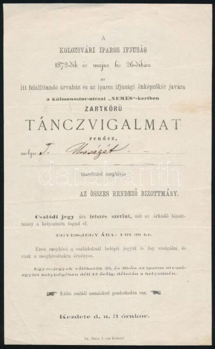 1872-1926 Meghívó táncvigalomra és zászlószentelésre, 2 db